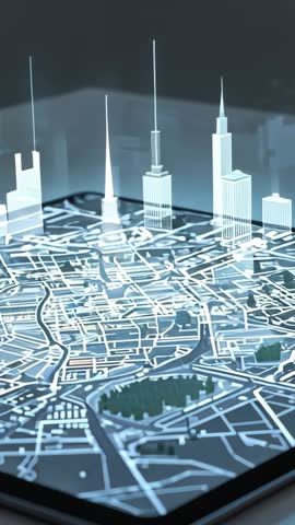 Vertical video showing tablet projecting holographic city towers rising from illuminated grid