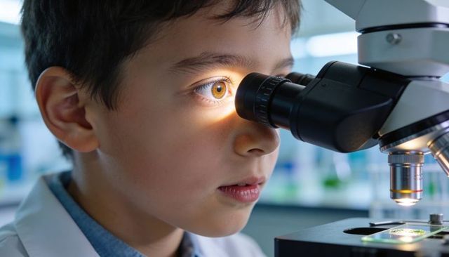 Young student peering through microscope eyepiece exploring biology on glass slide