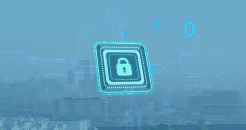 Cyber Security Lock Symbol Overlay on Urban Cityscape - Download Free Stock Images Pikwizard.com