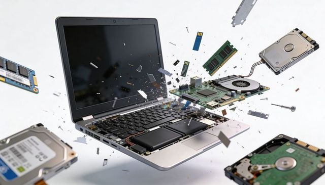 Silver laptop components flying apart from open chassis over white background