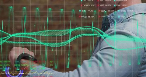Man Checking Smartwatch with Holographic Data Display Overlay