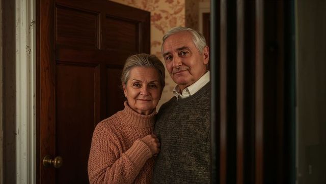 Standing senior couple embracing in cozy hallway near wooden door warm domestic portrait