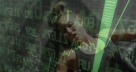 Leaning woman peering through augmented financial charts with neon data overlay for business analyti