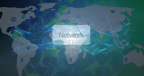 Global network connectivity dashboard with digital waveforms and mobile integration