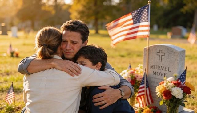 Family embracing at veteran grave with american flags, grief and memorial at sunset