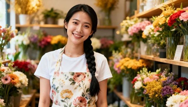 Smiling florist arranging bouquets in cozy boutique filled with vibrant blooms