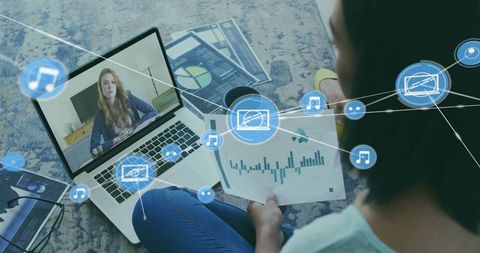 Remote data collaboration with woman studying charts, laptop video meeting, dashboards