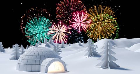 Fireworks Display Over Igloo in Snowy Landscape