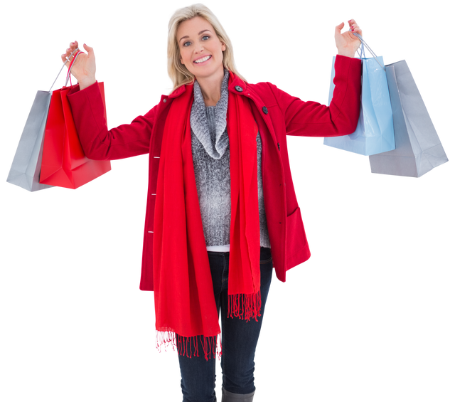 Blonde Woman in Winter Clothes Holding Shopping Bags Isolated on Transparent Background - Download Free Stock Videos Pikwizard.com