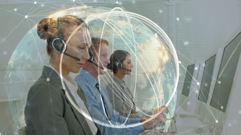 Global Business Team Using Headsets with Data Technology Overlay