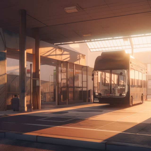 This image depicts a bus station during sunset, with modern architectural elements bathed in warm golden light. It can be used for content related to urban commuting, public transportation infrastructure, modern city life, and design projects focusing on public transit facilities.