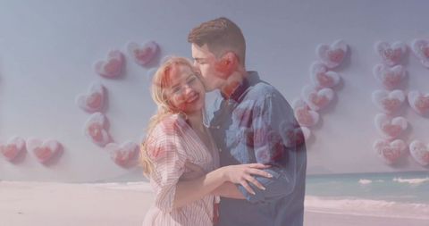 Dreamy beach romance double exposure couple embracing with pink heart overlays