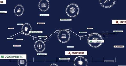 Animated Data Network Timeline with Node Icons, Status Badges and Analytics Overlay