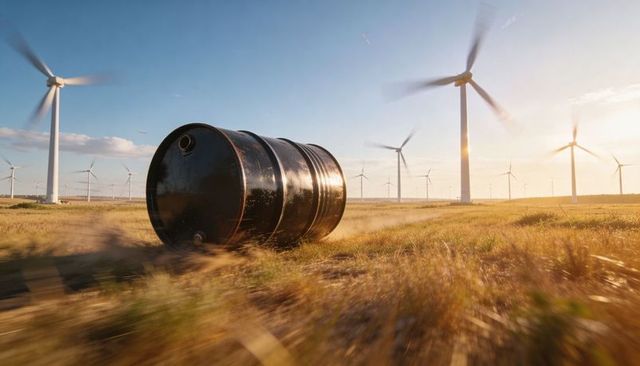 Rusty oil drum contrasting with spinning wind turbines on golden prairie at sunset