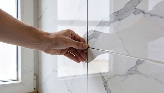 Inspecting grout seam on glossy marble ceramic wall tiles during bathroom renovation