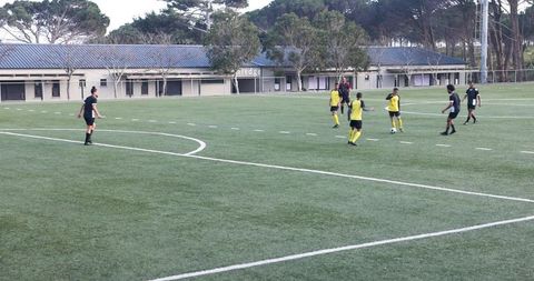 Youth Soccer Team Conducting Practice Session on Green Pitch