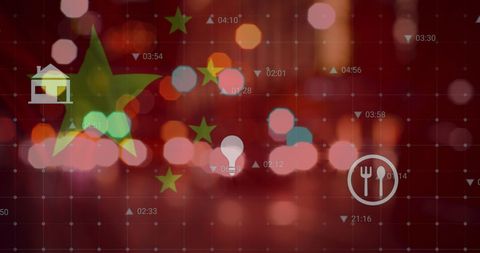 China flag overlay on blurred urban data interface background