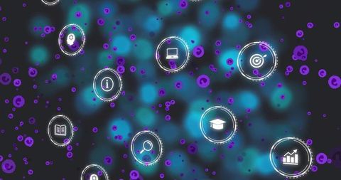Floating holographic interface icons emitting teal glow for digital technology background