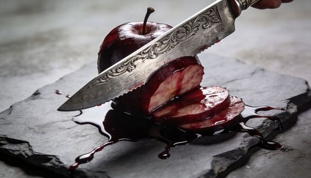 Ornate knife slicing juicy blood-red apple on slate, dramatic dark still life