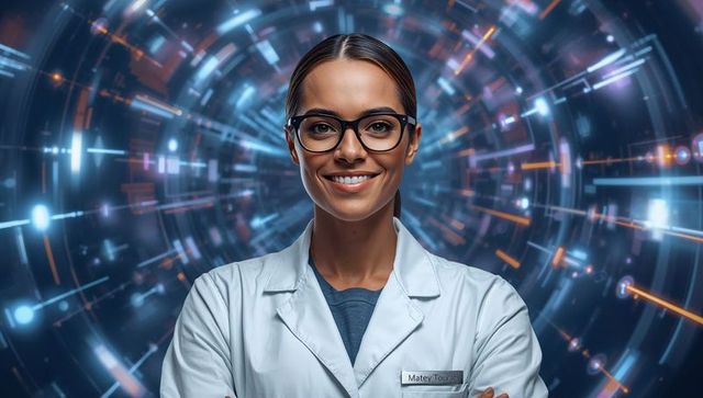 Confident scientist in lab coat and glasses standing before futuristic digital data tunnel