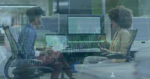 Diverse Team Discussing Financial Reports with Tech Overlay