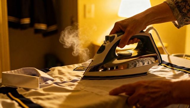 Senior Hand Pressing Uniform Shirt with Steam in Warm Lamplight