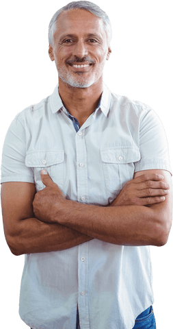 Confident Mature Man Standing with Arms Crossed on Transparent Background