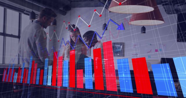 Business team in casual office analyzing financial data with bar and line charts overlay. They are collaborating on strategy and growth planning. Perfect for use in articles, marketing materials, and presentations on business strategy, financial analysis, teamwork, and corporate growth.