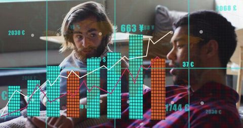 Men in Casual Discussion with Overlaid Financial Graphs