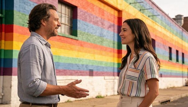 Smiling couple talking by colorful rainbow mural on urban brick wall