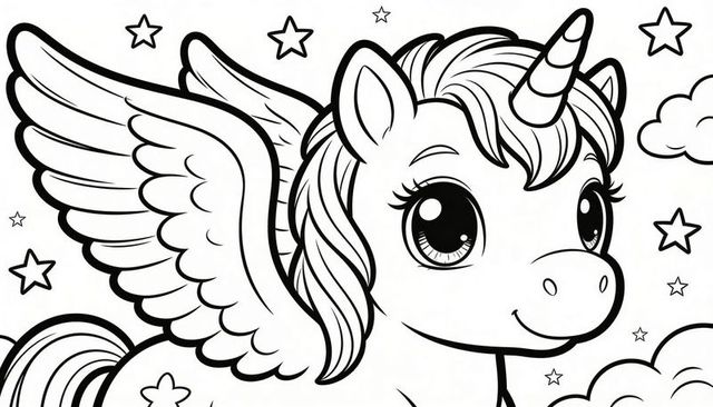 Cute winged unicorn coloring page with big eyes, spiraled horn, feathery wings and stars