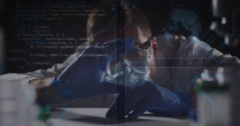Scientist Analyzing Flask with Digital Code Overlay