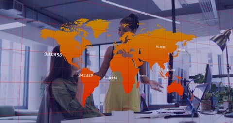 Diverse Female Coworkers Discussing Global Business Data in Modern Office