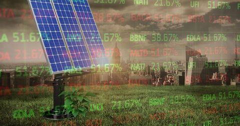Solar panel overlaid with stock market data in urban setting