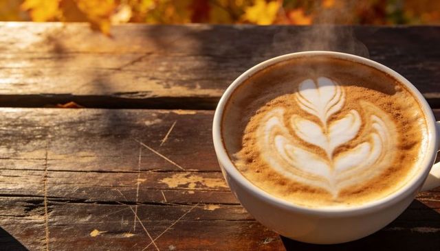 Steaming latte with rosetta foam on rustic wooden table in warm autumn sunlight
