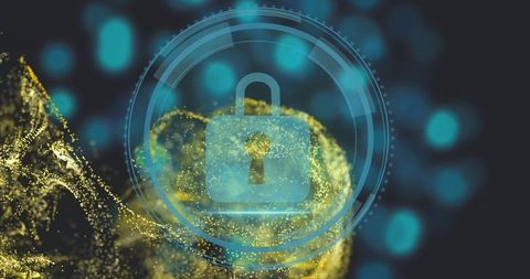 Holographic teal padlock inside futuristic hud rings over gold cloud for cybersecurity