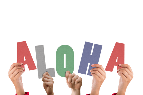 Hands holding transparent rainbow aloha letters