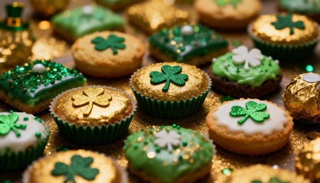 Shamrock topped gold and green cupcakes with glitter for st patrick's day celebrations