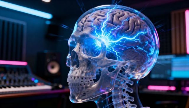 Glowing translucent skull emitting blue neural lightning in futuristic synth studio