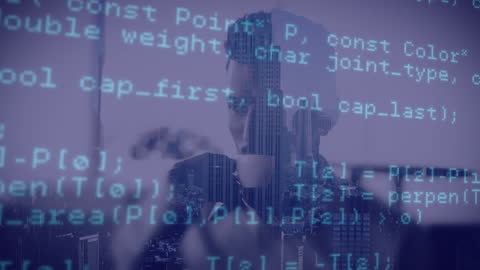 Silhouette of Man with Digital Codes and Urban Background