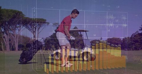 Golfer Preparing at Tee Box with Swing Data Overlay