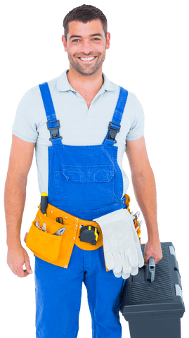 Confident Workman in Blue Overalls Holding Toolbox - Download Free Stock Videos Pikwizard.com