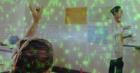 Student raising hand in digital classroom with teacher and futuristic data overlay