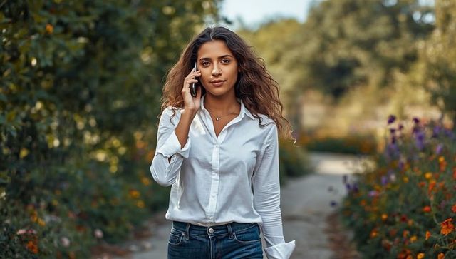 Hispanic Woman Walking in Park Using Smartphone