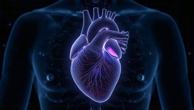 Glowing anatomical heart hovering inside translucent torso highlighting coronary network