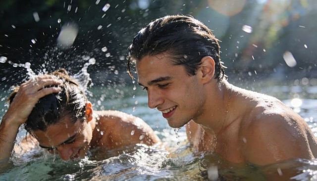 Sunlit lake friendship: two young men splashing and laughing in water