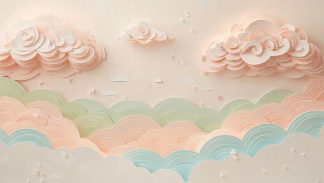 Layered paper art landscape featuring spiral clouds and scalloped waves in pastel tones