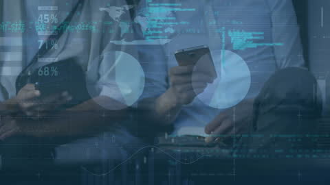 People Using Smartphones with Financial Data Overlay