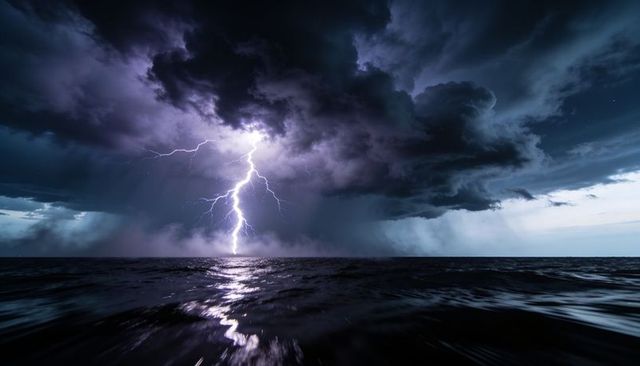 Single lightning bolt striking open ocean at dusk reflecting on dark waves