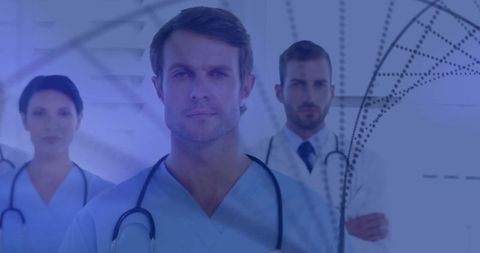 Medical Professionals with DNA Strand Overlay Represent Science Innovation